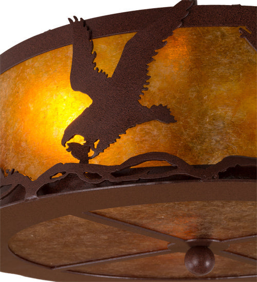 Meyda Lighting Strike of the Eagle 16" 3-Light Red Rust Flush Mount Light With Amber Mica Shade Glass