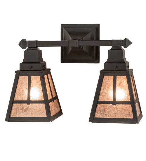 Meyda Lighting "T" Mission 17" 2-Light Costello Black Hand Rubbed Iron Vanity Light With Silver Mica Shade Glass