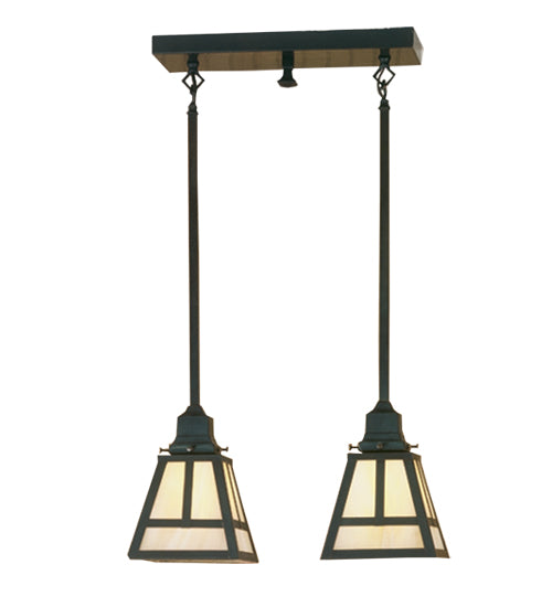 Meyda Lighting "T" Mission 17" 2-Light Craftsman Brown Island Pendant Light With Beige Iridescent Shade Glass