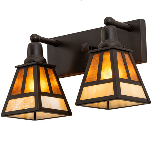Meyda Lighting "T" Mission 17" 2-Light Oil Rubbed Bronze Vanity Light With Beige & Amber Mica Shade Glass