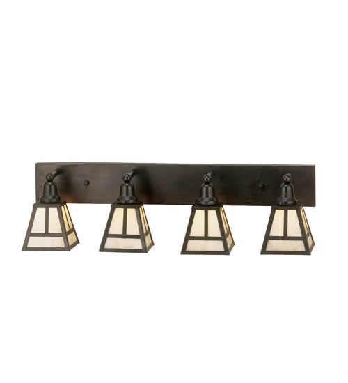 Meyda Lighting "T" Mission 36" 4-Light Craftsman Brown Vanity Light With Beige Iridescent Shade Glass