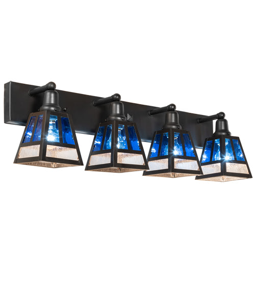 Meyda Lighting "T" Mission" 36" 4-Light Craftsman Brown Vanity Light With Blue & Clear Seeded Shade Glass