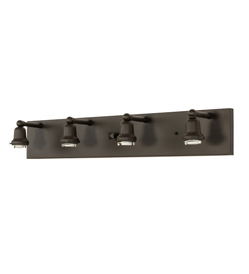 Meyda Lighting "T" Mission 36" 4-Light Oil Rubbed Bronze Vanity Light With Beige & Amber Mica Shade Glass
