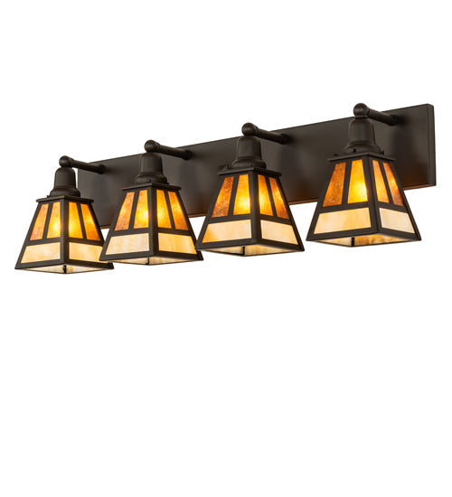 Meyda Lighting "T" Mission 36" 4-Light Oil Rubbed Bronze Vanity Light With Beige & Amber Mica Shade Glass
