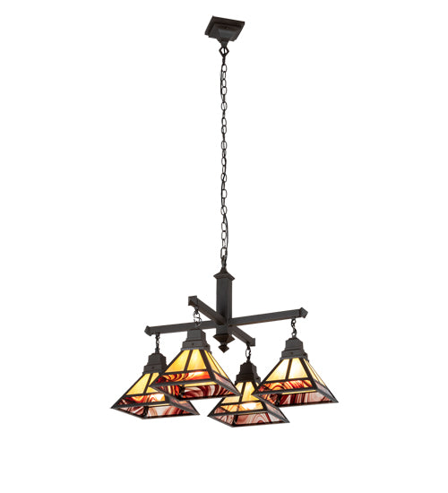 Meyda Lighting "T" Mission 42" 4-Light Craftsman Brown & Oil Rubbed Bronze Chandelier With Beige Iridescent & Burgundy Baroque Shade Glass