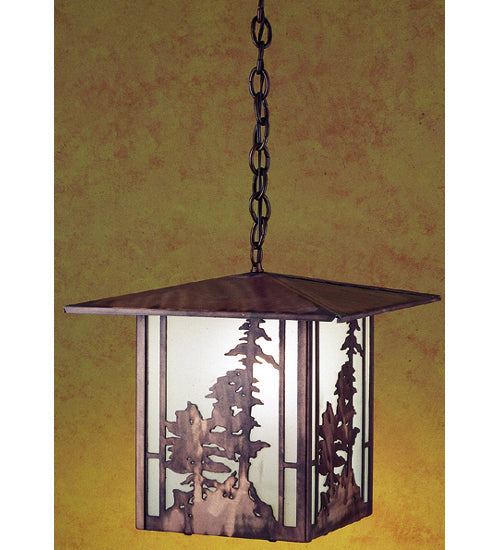 Meyda Lighting Tall Pines 12"Sq Antique Copper Lantern Pendant Light With Frosted Clear Shade Glass