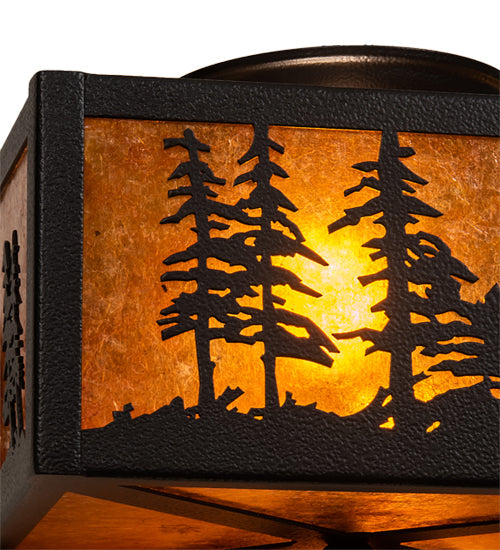 Meyda Lighting Tall Pines 15" 2-Light Black Satin Wrought Iron Flush Mount Light With Amber Mica Shade Glass