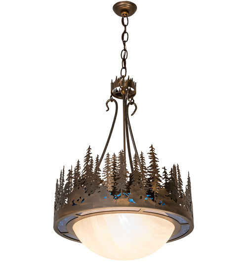Meyda Lighting Tall Pines 26" 4-Light Antique Copper Inverted Pendant Light With Blue Art Glass & Fleshtone Idalight Shade