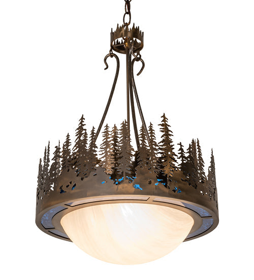 Meyda Lighting Tall Pines 26" 4-Light Antique Copper Inverted Pendant Light With Blue Art Glass & Fleshtone Idalight Shade