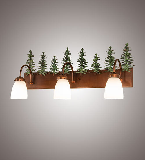 Meyda Lighting Tall Pines 28" 3-Light Vintage Copper & Green Trees Vanity Light With White Opal Shade Glass