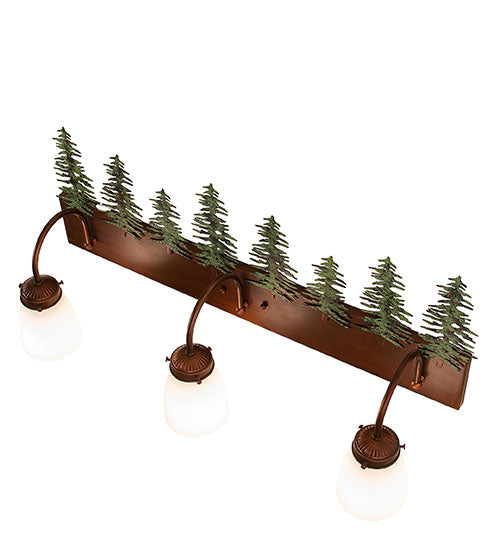 Meyda Lighting Tall Pines 28" 3-Light Vintage Copper & Green Trees Vanity Light With White Opal Shade Glass