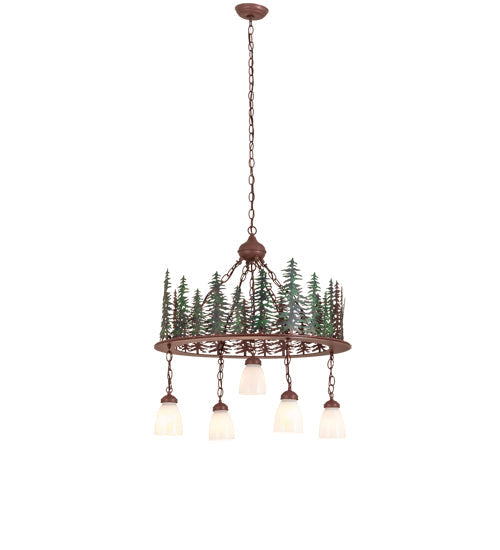 Meyda Lighting Tall Pines 28" 5-Light Rust & Green Trees Chandelier With White Shade Glass