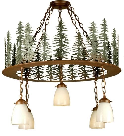 Meyda Lighting Tall Pines 29557 28" 5-Light Rust & Green Trees Chandelier With White Shade Glass