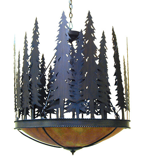 Meyda Lighting Tall Pines 30" 5-Light Rustic Iron Inverted Pendant Light With Amber Quartz Idalight Shade