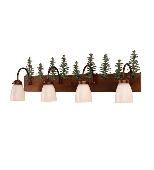 Meyda Lighting Tall Pines 34" 4-Light Vintage Copper & Green Trees Vanity Light With White Opal Shade Glass