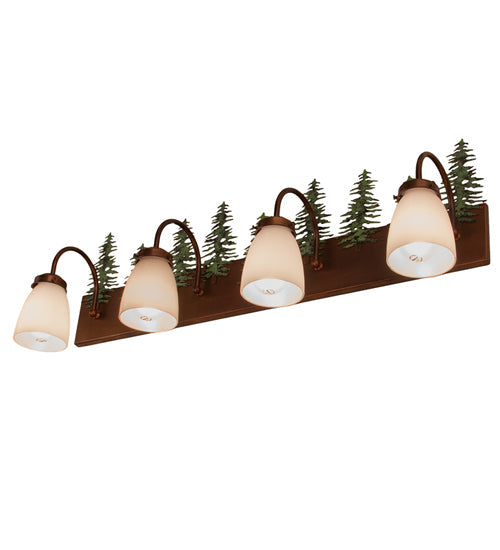 Meyda Lighting Tall Pines 34" 4-Light Vintage Copper & Green Trees Vanity Light With White Opal Shade Glass