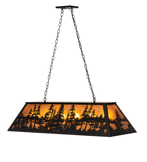 Meyda Lighting Tall Pines 48" 6-Light Black Satin Wrought Iron Island Pendant Light With Amber Mica Shade Glass