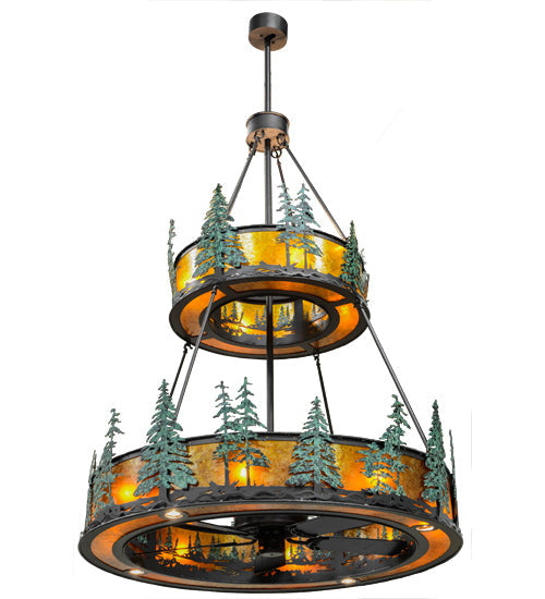 Meyda Lighting Tall Pines 55" 20-Light 2-Tier Wrought Iron and Green Trees Chandelier With Amber Mica Shade Glass and Fan