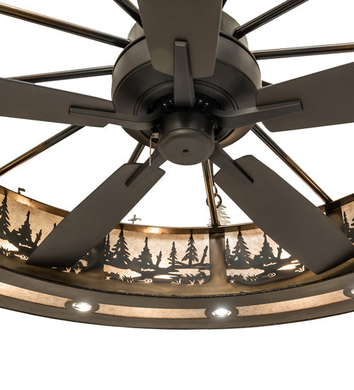 Meyda Lighting Tall Pines 72" 31-Light Dark Burnished Antique Copper Chandelier With Silver Mica Shade Glass and Fan