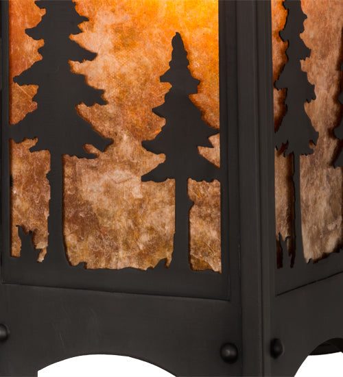 Meyda Lighting Tall Pines 8" Craftsman Brown Curved Arm Hanging Wall Sconce With Amber Mica Shade Glass