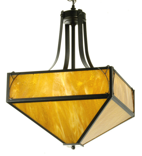 Meyda Lighting Teague 20"Sq 4-Light Textured Black Mission Inverted Pendant Light With Honey Art Shade Glass