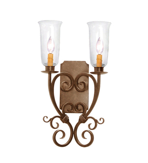 Meyda Lighting Thierry 14" 2-Light Antique Rust Wall Sconce With Clear Hurricane Shade Glass