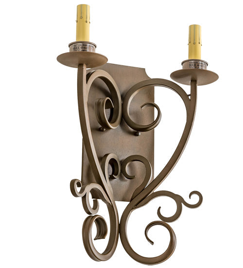 Meyda Lighting Thierry 14" 2-Light Rustic Iron Wall Sconce With Clear Hurricane Shade Glass
