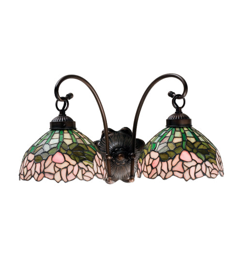 Meyda Lighting Tiffany Cabbage Rose 18" 2-Light Mahogany Bronze Wall Sconce With Pink & Green Shade Glass