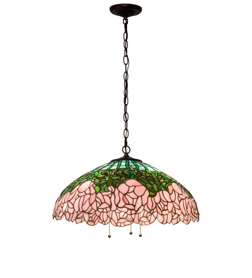 Meyda Lighting Tiffany Cabbage Rose 22" 3-Light Mahogany Bronze Pendant Light With Pink & Green Shade Glass