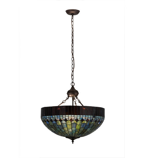 Meyda Lighting Tiffany Candice 22" 3-Light Mahogany Bronze Inverted Pendant Light With Multi-Colored Shade Glass
