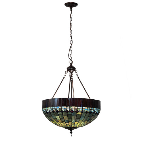 Meyda Lighting Tiffany Candice 232779 22" 3-Light Mahogany Bronze Inverted Pendant Light With Multi-Colored Shade Glass