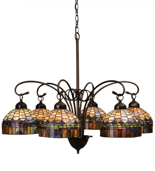 Meyda Lighting Tiffany Candice 31" 6-Light Mahogany Bronze Chandelier With Multi-Colored Shade Glass
