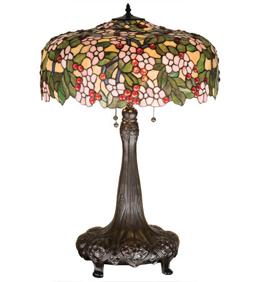 Meyda Lighting Tiffany Cherry Blossom 31" 3-Light Mahogany Bronze Table Lamp With Multi-Colored Shade Glass