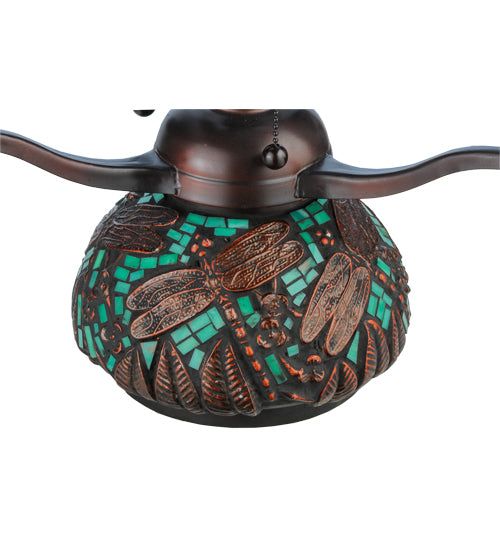 Meyda Lighting Tiffany Dragonfly 17" 3-Light Mahogany Bronze Mosaic Base Table Lamp With Multi-Colored Stained Shade Glass