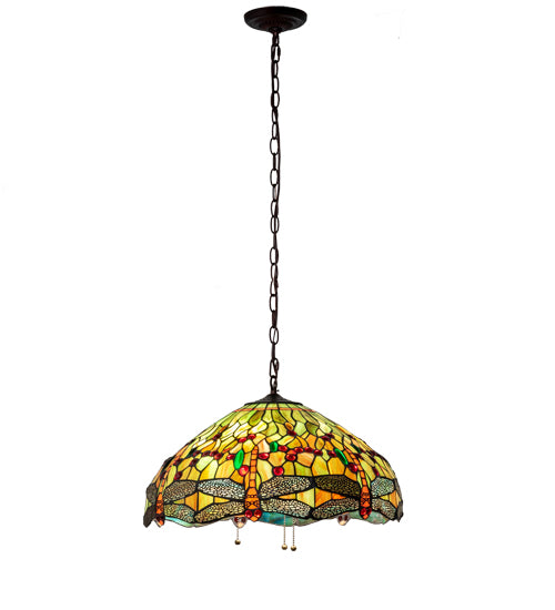Meyda Lighting Tiffany Hanginghead Dragonfly 20" 3-Light Mahogany Bronze Pendant Light With Multi-Colored Shade Glass