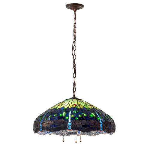 Meyda Lighting Tiffany Hanginghead Dragonfly 22" 3-Light Mahogany Bronze Pendant Light With Green & Blue Stained Shade Glass