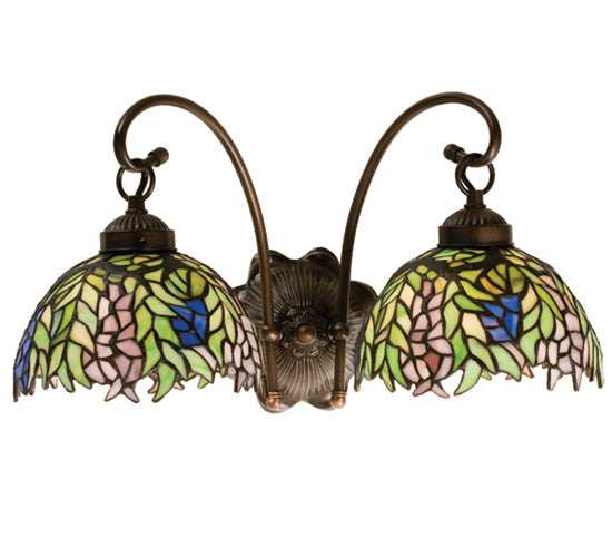 Meyda Lighting Tiffany Honey Locust 18" 2-Light Mahogany Bronze Wall Sconce With Multi-Colored Shade Glass