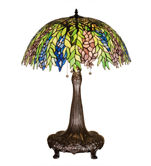 Meyda Lighting Tiffany Honey Locust 31" 3-Light Mahogany Bronze Table Lamp With Multi-Colored Shade Glass
