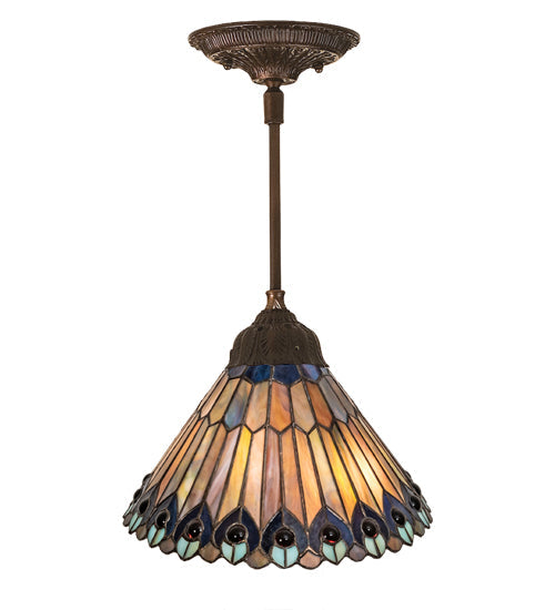 Meyda Lighting Tiffany Jeweled Peacock 12" Mahogany Bronze Pendant Light With Multi-Colored Stained Shade Glass