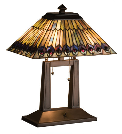 Meyda Lighting Tiffany Jeweled Peacock 20" 2-Light Mahogany Bronze Island Desk Table Lamp With Multi-Colored Shade Glass