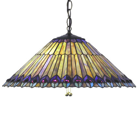 Meyda Lighting Tiffany Jeweled Peacock 20" 3-Light Mahogany Bronze Pendant Light With Multi-Colored Stained Shade Glass
