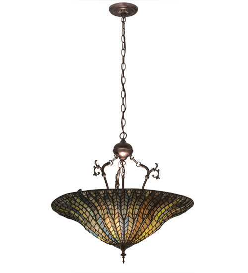 Meyda Lighting Tiffany Lotus Leaf 24" 3-Light Mahogany Bronze Inverted Pendant Light With Multi-Colored Stained Shade Glass