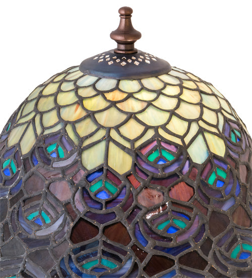 Meyda Lighting Tiffany Peacock Feather 12" Mahogany Bronze Accent Table Lamp With Multi-Colored Shade Glass