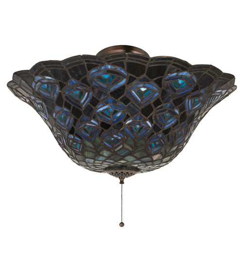 Meyda Lighting Tiffany Peacock Feather 16" Mahogany Bronze Flush Mount Light With Multi-Colored Shade Glass