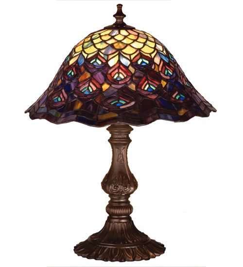 Meyda Lighting Tiffany Peacock Feather 17" Mahogany Bronze Accent Table Lamp With Multi-Colored Shade Glass