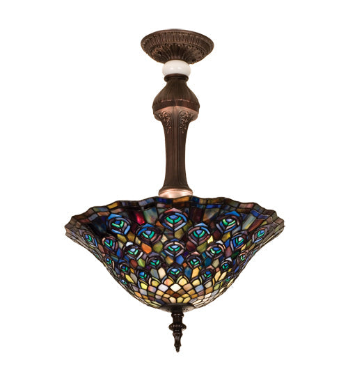 Meyda Lighting Tiffany Peacock Feather 20" 3-Light Mahogany Bronze Semi-flush Mount Light With Multi-Colored Stained Shade Glass