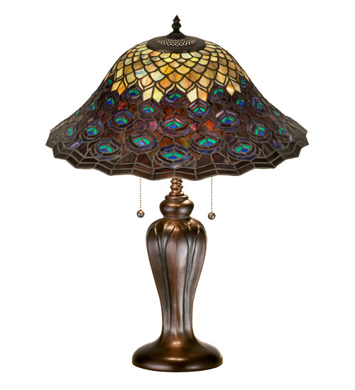 Meyda Lighting Tiffany Peacock Feather 25" 2-Light Mahogany Bronze Table Lamp With Multi-Colored Stained Shade Glass