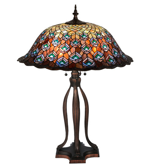 Meyda Lighting Tiffany Peacock Feather 30" 3-Light Mahogany Bronze Table Lamp With Multi-Colored Shade Glass