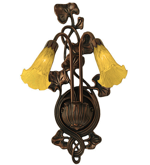 Meyda Lighting Tiffany Pond Lily 11" 2-Light Mahogany Bronze Wall Sconce With Amber Shade Glass
