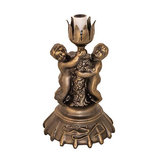 Meyda Lighting Tiffany Pond Lily 13" Antique Brass Twin Cherub Table Lamp With Amber & Purple Shade Glass
